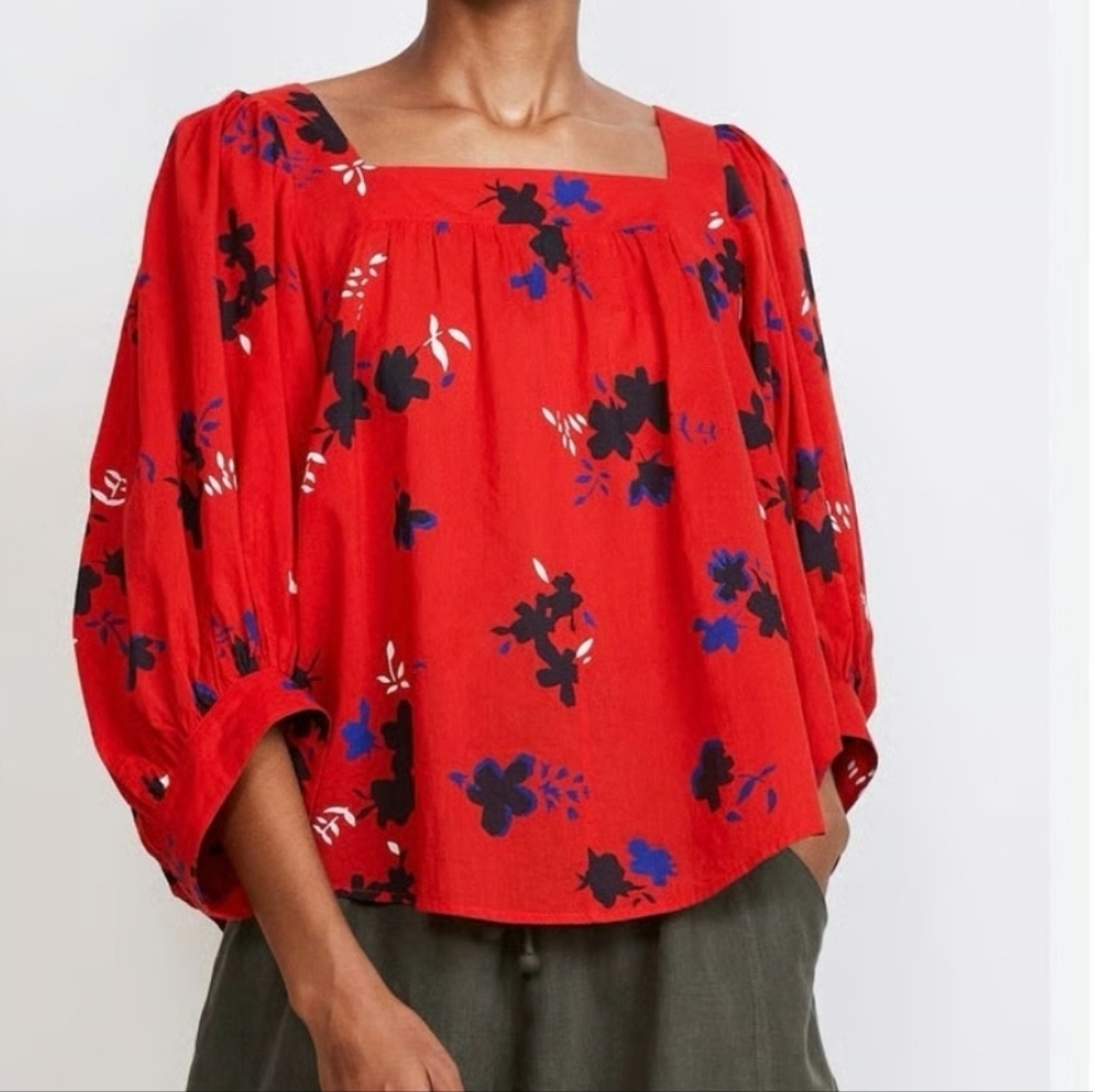 Apiece Apart Zinnia Floral Red Organic Cotton Women's Blouse Sz Xs